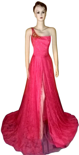 One Shoulder Crystal Beaded Silk Net Katan Royal Gown, Medium.