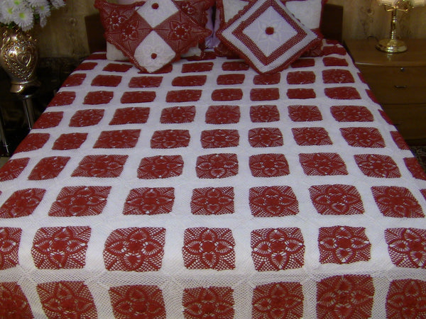 Hand Embroidered Crochet Pattern Floral Design Bedspread Coverlet. Queen / King