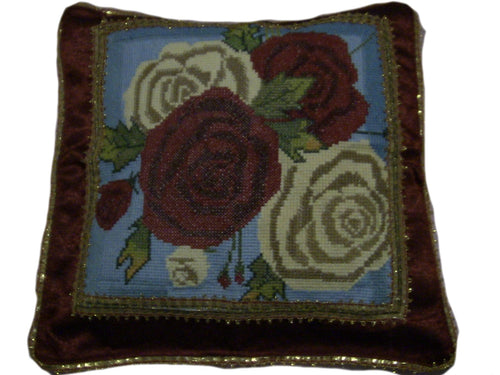 Needle Point Rose Flower Designer Pillow. Medium