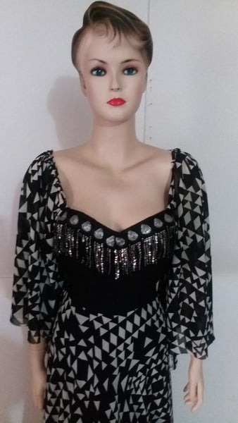 Black & White Beaded Chiffon Gown. Medium