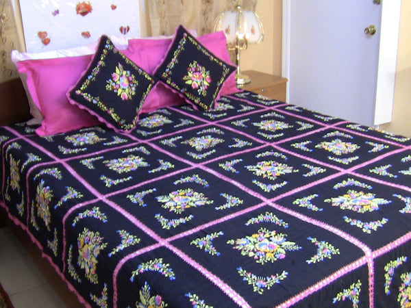 Hand Embroidered Floral Designer Crochet Made Bedspread Coverlet Sets. Queen & King